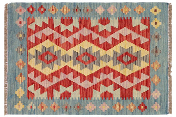 Flat Weave Kilim, Antique, Navaho, Vintage, Handmade, Geometric Kilim Red Blue Hand-Woven Rectangle 100% Wool Area Rug 2 x 2